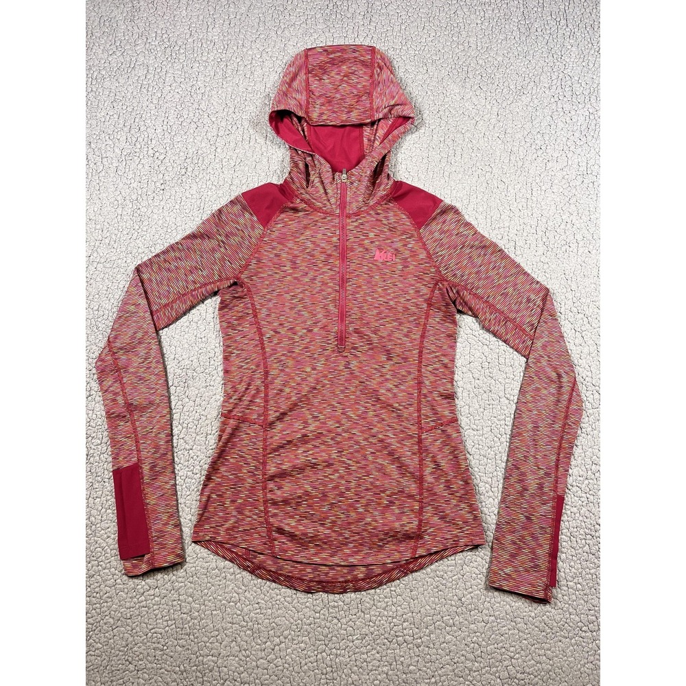 REI Jacket Womens XXS Pink Stripe Hooded Full Zip Thumbholes Running Hiking